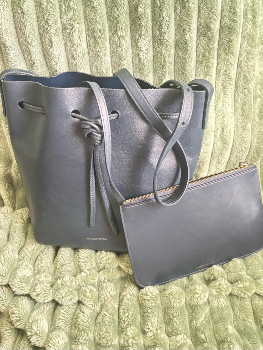 Mansur Gavriel Navy Blue Leather Drawstring Crossbody with Pouch